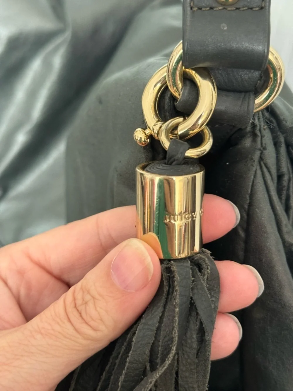 Juicy Couture Dark Olive Green Slouchy Hobo Bag Gold Crest Tassel Y2K Boho